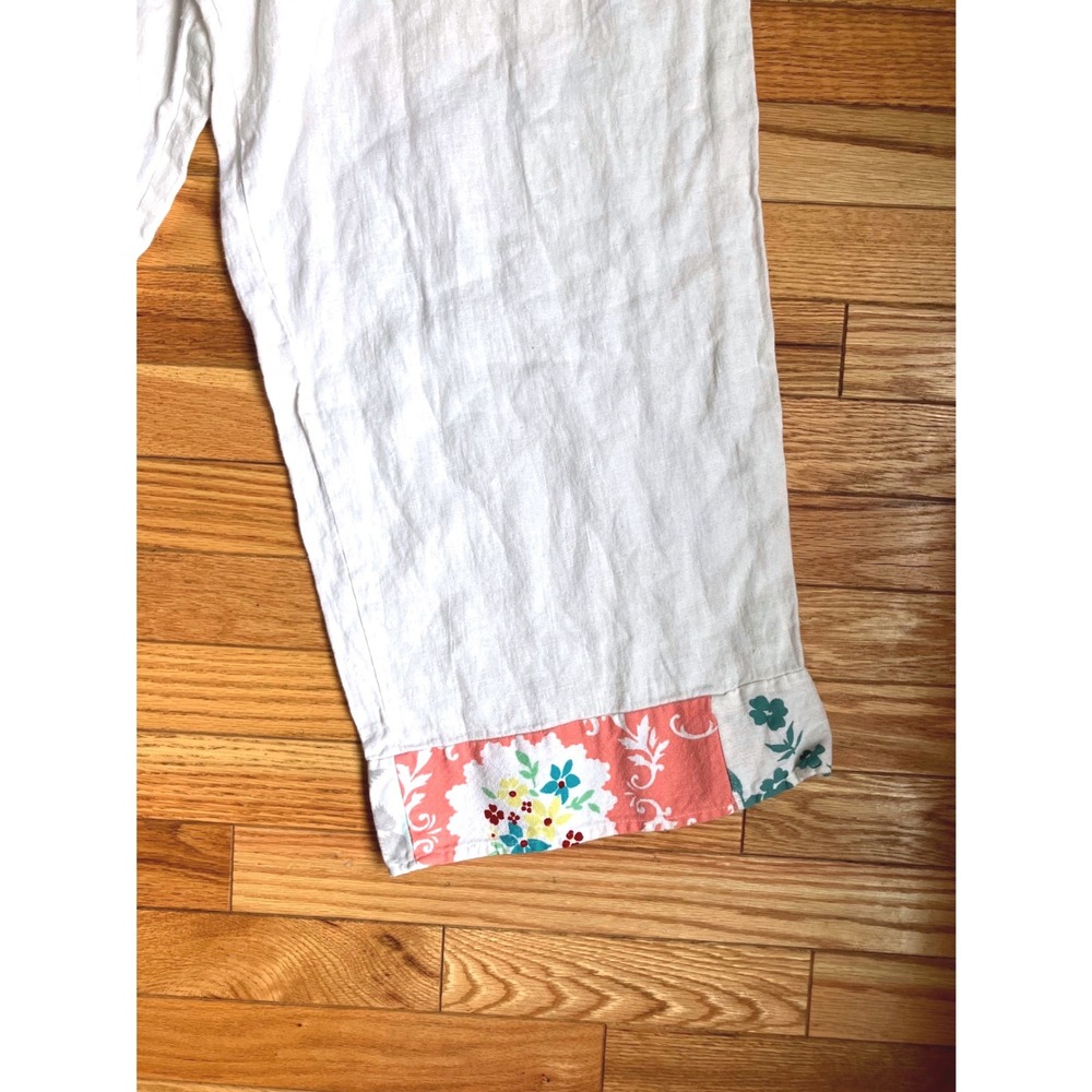 Home Frocks White 100% Linen Wide Leg Crop Pants L Floral Patchwork Trim - Picture 3 of 11